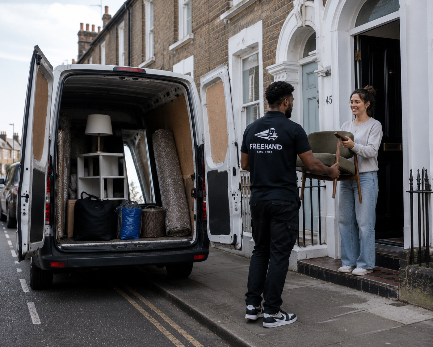 A Freehand Logistics mover delivering a chair from a van to a customer outside a London home.