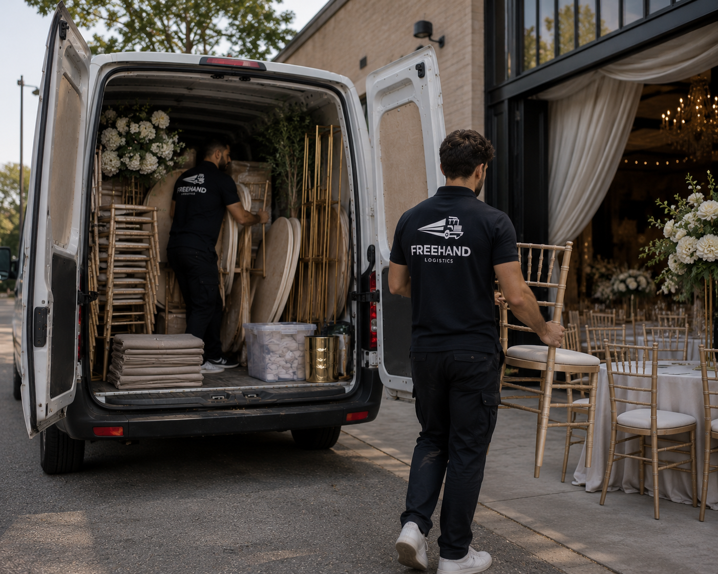Freehand Logistics team unloading event furniture outside a venue.